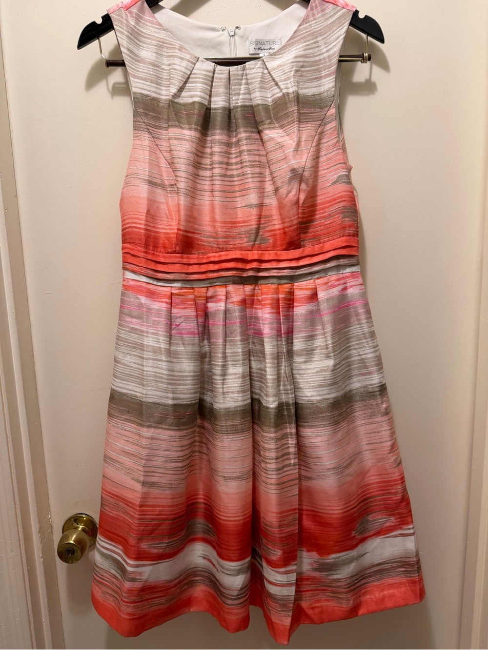 SIGNATURE by Robbie Bee -Striped Coral and Pink Sleeveless Fit-and-Flare Dres